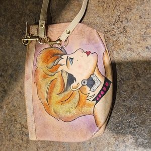Retro Vintage 80s Emily Ann Handpainted women's rocker Leather Zip wristlet Bag